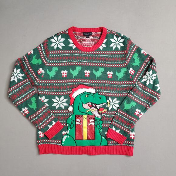 Blizzard Bay Men's Large T-Rex Ugly Christmas Sweater Red Trim Snowflakes - Picture 1 of 9